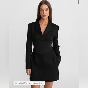 Black Long-Sleeve Blazer Dress with Corset Waist